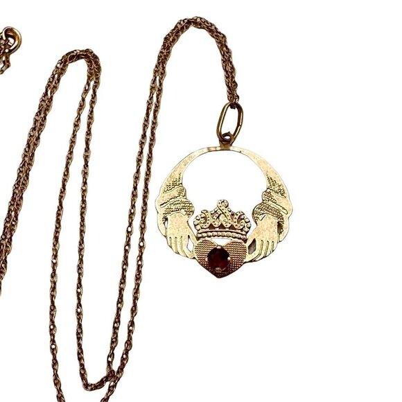 Estate 14k Yellow Gold Red Garnet Celtic Irish Pendant 18 Inch Necklace - Picture 6 of 6